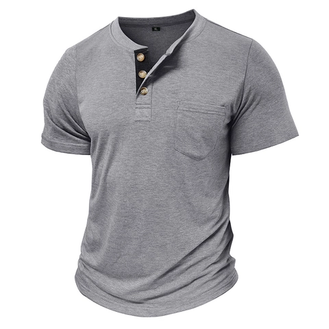 Men's Casual Short Sleeve Henley Shirt With Chest Pocket Buttons Polyester Viscose Blend Soft Breathable Solid Color Slim Fit Tops