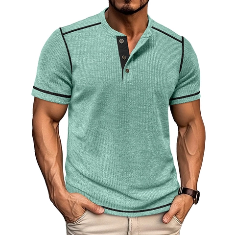 Herren Casual Kurzarm Henley Hemd Waffelstrick Drei Knöpfe Kontrastnähte Atmungsaktives Oberteil Für Den Sommer