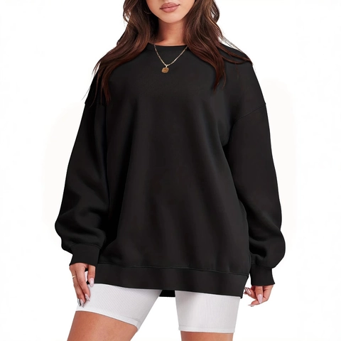 Women Oversized Crewneck Sweatshirt Fleece Lined Cotton Blend Dropped Shoulder Long Sleeve Plain Casual Streetwear Top