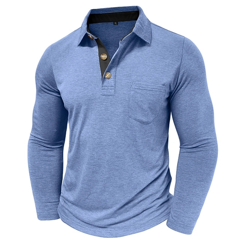 Maglia Polo da Uomo a Manica Lunga con Colletto a Contrasto Taschino Casual Business in Misto Poliestere Rayon Spandex