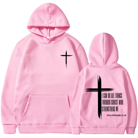 Christ Religious Bible Verse Hoodie Sweatshirt Polyester Comfortable Long Sleeve Casual Pullover Men Women Philippians Strength Top