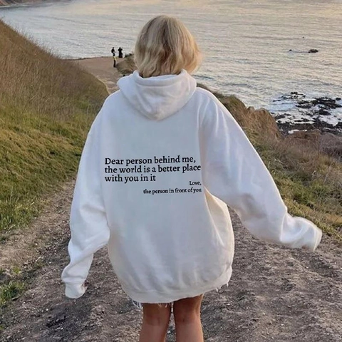 Women's Oversized Polyester Fleece Hoodie Letter Print Hooded Sweatshirt With Kangaroo Pocket Drawstring Casual Winter Top