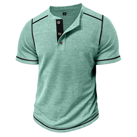 Herren Casual Kurzarm Henley Hemd Waffelstrick Drei Knöpfe Kontrastnähte Atmungsaktives Oberteil Für Den Sommer