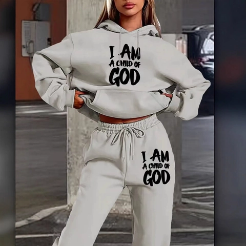 Set Felpa con Cappuccio e Pantaloni della Tuta in Pile da Donna con Stampa Lettere Casual Streetwear Manica Lunga