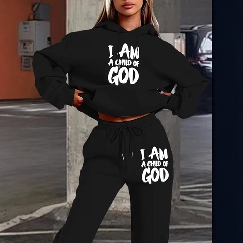 Set Felpa con Cappuccio e Pantaloni della Tuta in Pile da Donna con Stampa Lettere Casual Streetwear Manica Lunga