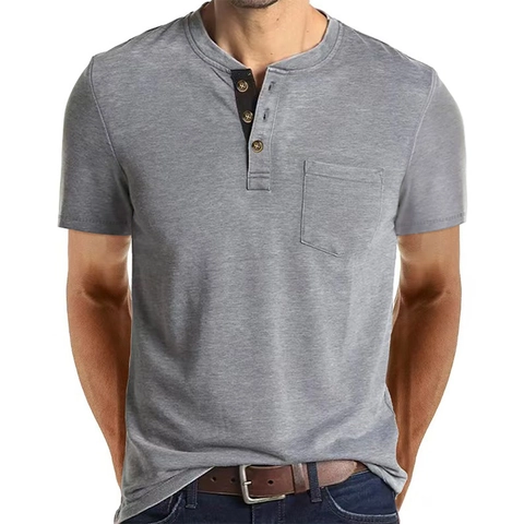 Men's Casual Short Sleeve Henley Shirt With Chest Pocket Buttons Polyester Viscose Blend Soft Breathable Solid Color Slim Fit Tops