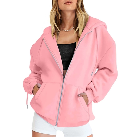 Women Oversized Zip Up Hoodie Long Sleeve Sweatshirt Casual Streetwear Solid Color Hooded Jacket With Pockets Drawstring Outerwear For Teen Girls