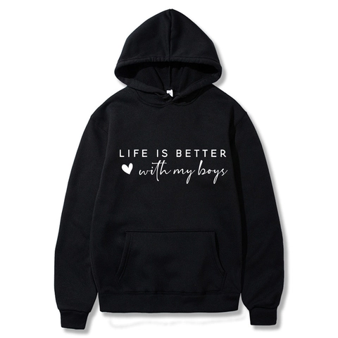 Felpa con Cappuccio Unisex Uomo Donna Life Is Better With My Boys Girls Stampa Pullover Casual Largo a Maniche Lunghe Top