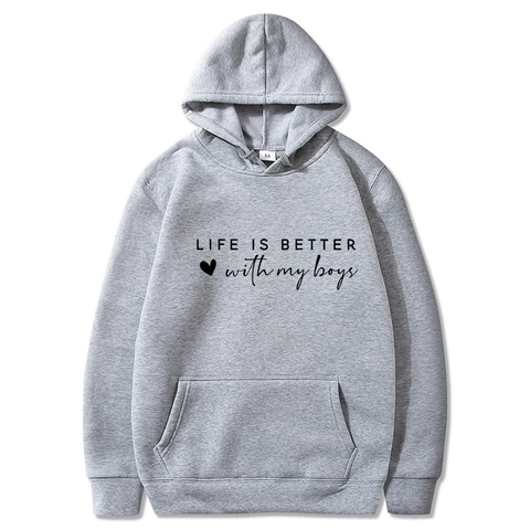 Felpa con Cappuccio Unisex Uomo Donna Life Is Better With My Boys Girls Stampa Pullover Casual Largo a Maniche Lunghe Top