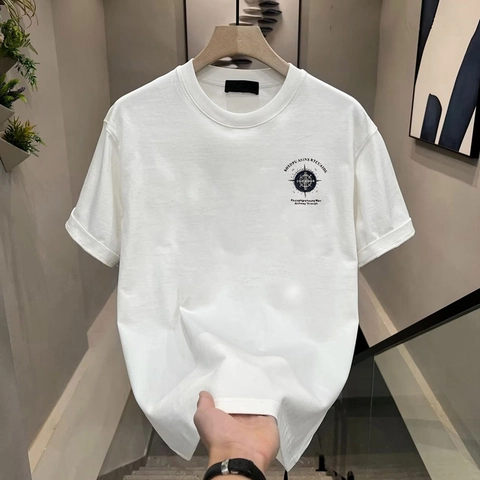 Men Heavyweight Cotton Short Sleeve T-Shirt Vintage Compass Letter Printing Round Neck Casual Streetwear Summer Top For Men