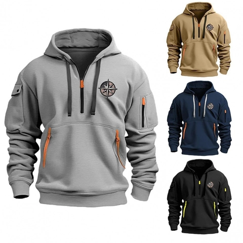Felpa con Cappuccio Tattica da Uomo Mezza Zip Stampa Bussola Tasca Funzionale Pullover a Manica Lunga Autunno Inverno