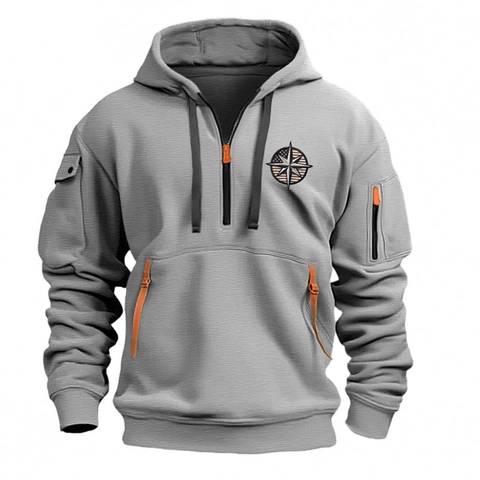 Felpa con Cappuccio Tattica da Uomo Mezza Zip Stampa Bussola Tasca Funzionale Pullover a Manica Lunga Autunno Inverno