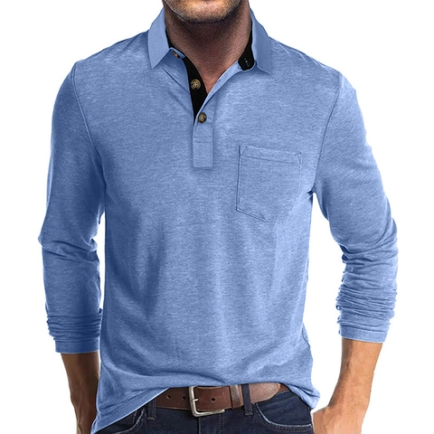 Maglia Polo da Uomo a Manica Lunga con Colletto a Contrasto Taschino Casual Business in Misto Poliestere Rayon Spandex