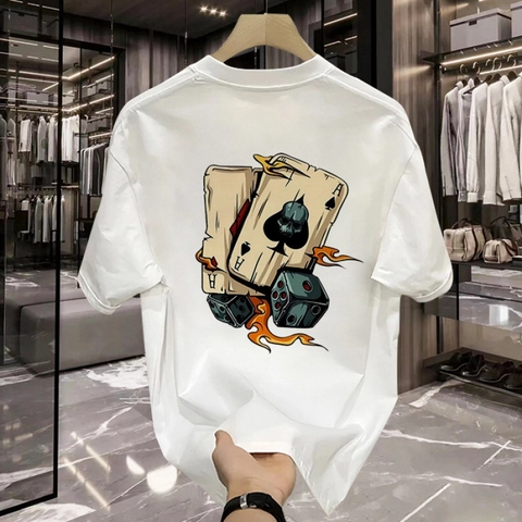 Heren Katoenen T-Shirt Ademend Streetwear Ace Poker Dobbelstenen Schedel Vlam Print Ronde Hals Korte Mouw Casual Zomer Top