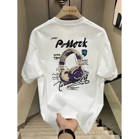 Ανδρικό T-Shirt από Βαρύ Βαμβάκι Στρογγυλή Λαιμόκοψη Κοντό Μανίκι Χαλαρή Γραμμή Streetwear Γκράφιτι Ακουστικά Casual Top