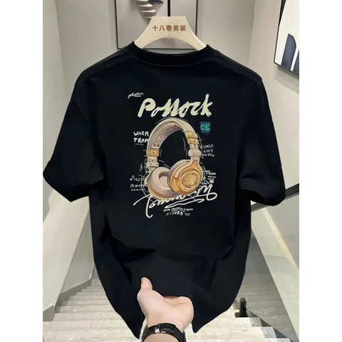 Ανδρικό T-Shirt από Βαρύ Βαμβάκι Στρογγυλή Λαιμόκοψη Κοντό Μανίκι Χαλαρή Γραμμή Streetwear Γκράφιτι Ακουστικά Casual Top