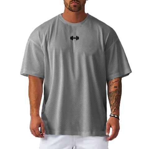Men Mesh Breathable Fitness T-Shirt Loose Fit Dropped Shoulder Short Sleeve Training Top With Dumbbell Graphic Print Summer Activewear