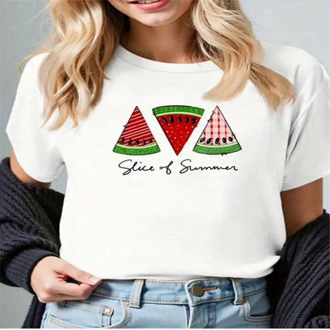 Maglietta Donna Casual Cotone Elastan Slice Of Summer Anguria Stampa Manica Corta Girocollo Top Largo per Uso Quotidiano