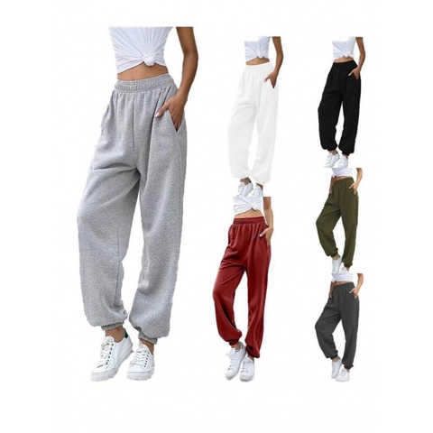 Women High Waisted Joggers Polyester Blend Casual Loose Sweatpants With Pockets Cuffed Hem Athleisure Sports Pants Solid Color Daily Wear