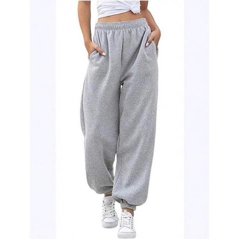 Women High Waisted Joggers Polyester Blend Casual Loose Sweatpants With Pockets Cuffed Hem Athleisure Sports Pants Solid Color Daily Wear