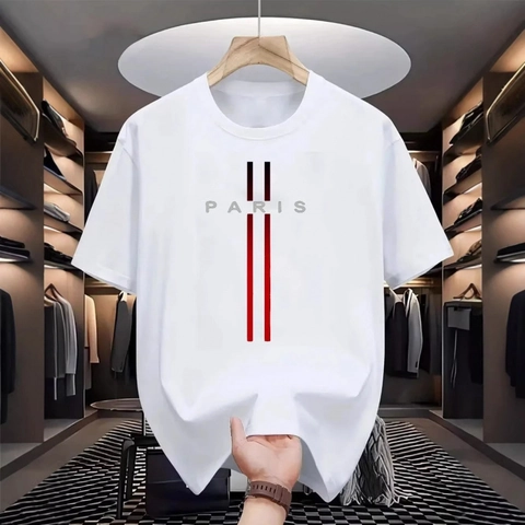 T-Shirt Décontracté en Mélange de Polyester pour Femmes et Hommes Imprimé Lettres Paris Rayures Verticales Manches Courtes