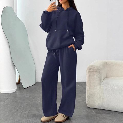 Women Oversized Casual Hoodie Set Cotton Blend Fleece Hooded Top And Wide Leg Pants Two-Piece Solid Color Sporty Loungewear