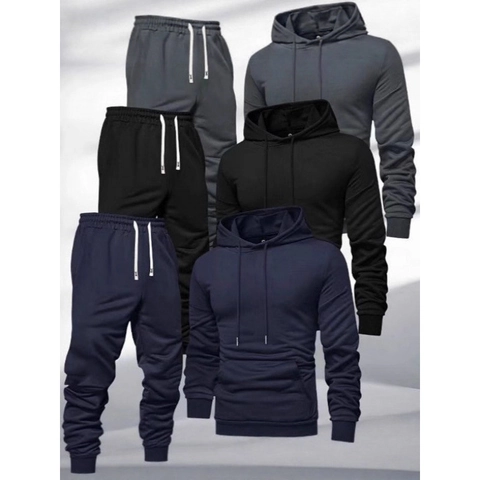 Men's Solid Color Hooded Pullover Hoodie And Jogger Pants Long Sleeve Fleece Lined Sweatpants Casual Sporty Athletic Outfit