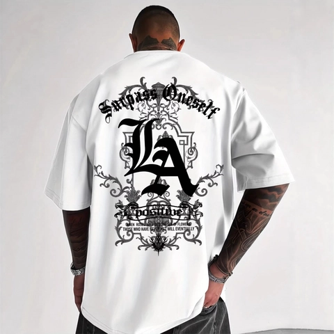 Men's Streetwear Cotton T-Shirt Gothic Letter Print Round Neck Short Sleeve Top Casual Vintage Style Oversized Tee For Men