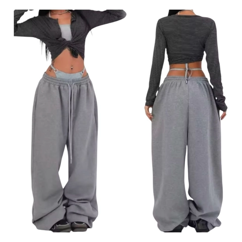 Dames Amerikaanse Hiphop Losse Wijde Pijpen Trainingsbroek Polyester Effen Kleur Trekkoord Casual Rechte Broek Straatstijl