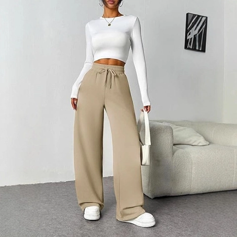 Women's Casual Polyester High Waist Wide Leg Pants With Pockets Drawstring Lightweight Solid Color Loose Straight Trousers