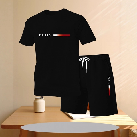 Conjunto Deportivo Casual para Hombre Estampado de Letras Paris Rayas Degradadas Camiseta de Malla y Pantalones Cortos de Verano
