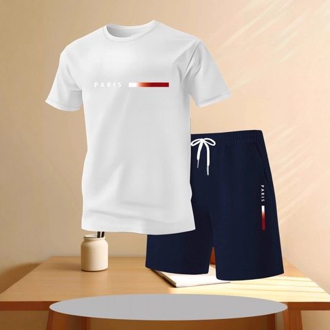 Conjunto Deportivo Casual para Hombre Estampado de Letras Paris Rayas Degradadas Camiseta de Malla y Pantalones Cortos de Verano