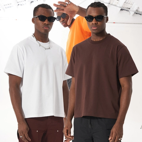 Men's Heavyweight Cotton T-Shirt Boxy Fit Drop Shoulder Short Sleeve Top Casual Streetwear Solid Color Crew Neck Tee
