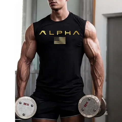 Camiseta de Tirantes para Gimnasio de Hombre ALPHA Impresión de Letras Mezcla de Algodón Muscle Shirt Bandera Americana Sin Mangas Chaleco Deportivo