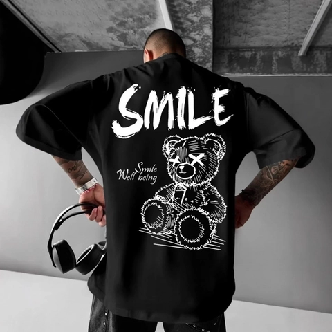 Men Oversized T-Shirt Cotton Streetwear Gothic Bear Print Smile Graphic Tee Short Sleeve Round Neck Hip Hop Loose Top For Men