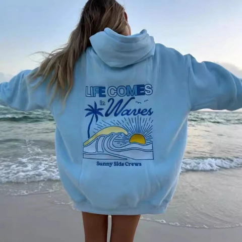 Sweat à Capuche Oversized Épaules Tombantes Imprimé Vague Soleil Pull Manches Longues Thème Plage Décontracté Femme Homme
