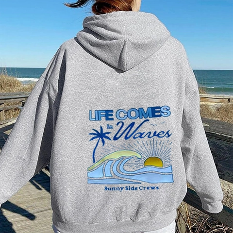 Sweat à Capuche Oversized Épaules Tombantes Imprimé Vague Soleil Pull Manches Longues Thème Plage Décontracté Femme Homme