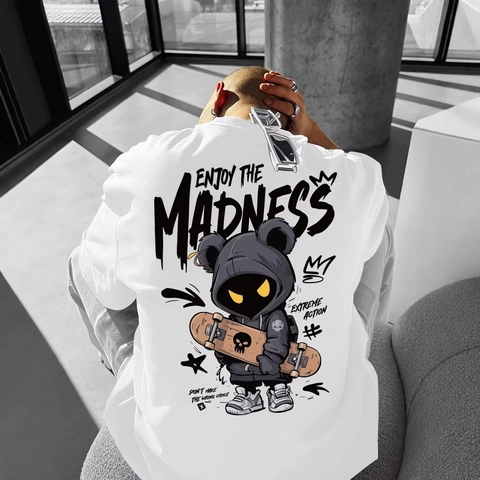 Men Cotton Loose T-Shirt Streetwear Hip Hop Monster Bear Print Graphic Short Sleeve Round Neck Summer Casual Tee Top