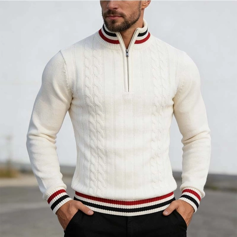 Pull Homme Style Britannique Demi-Fermeture Éclair en Tricot à Torsades Bordure Rayée Col Montant Manches Longues