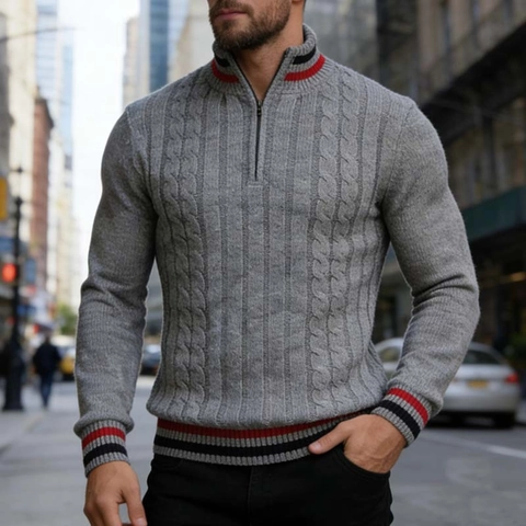 Pull Homme Style Britannique Demi-Fermeture Éclair en Tricot à Torsades Bordure Rayée Col Montant Manches Longues