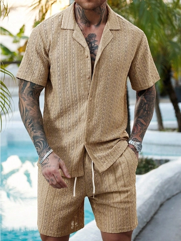 Tenue de Vacances en Tricot pour Hommes Ajouré Respirant Chemise à Manches Courtes et Short à Cordon de Serrage Plage Été