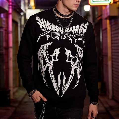 Maglione da Uomo Con Stampa Gothic Bat Wing Girocollo a Manica Lunga Pullover in Maglia Jacquard Dark Streetwear Punk Style Top