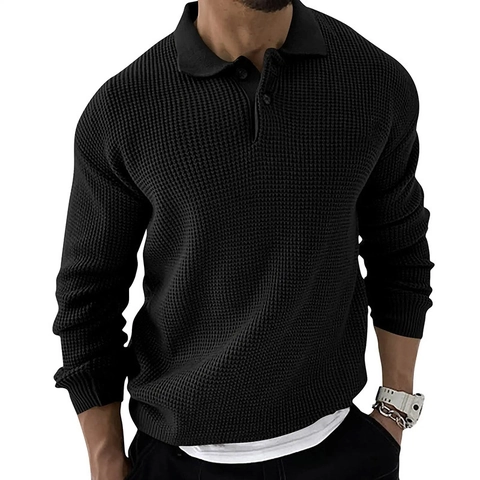 Maglia Polo da Uomo in Maglia a Nido d'Ape Manica Lunga Bavero Pullover Slim Fit Casual Business Moda Urbana Autunno Abbigliamento