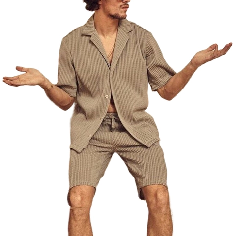 Men Casual Pleated Set Short Sleeve Button Shirt And Drawstring Shorts Outfit Summer Vacation Sage Green Clothing Suit