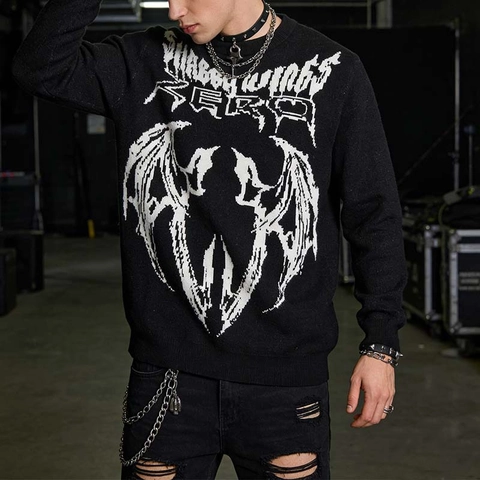 Maglione da Uomo Con Stampa Gothic Bat Wing Girocollo a Manica Lunga Pullover in Maglia Jacquard Dark Streetwear Punk Style Top