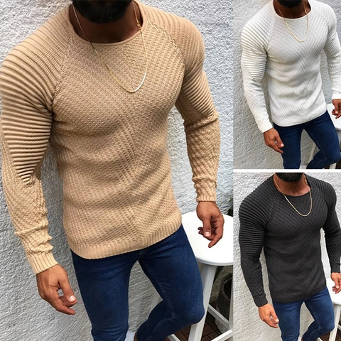 Pull en Maille Ajusté pour Hommes Mélange d'Acrylique Col Rond Manches Longues Pull-over Motif Texturé Haut Masculin Urbain Décontracté