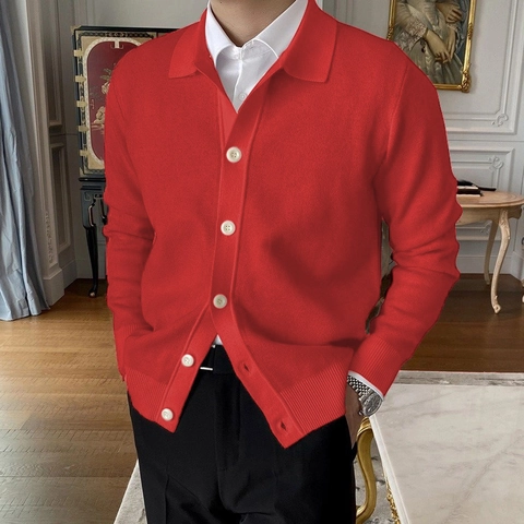 Cardigan in Maglia Business Casual da Uomo Manica Lunga Colletto Polo Pullover Abbottonato Bordi a Costine Tinta Unita