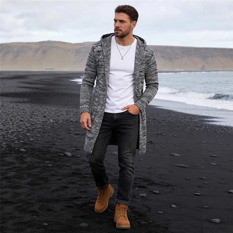 Men's Hooded Knitted Cardigan Jacket Marl Cotton Blend Mid-Length Open Front Slim Fit Winter Sweater For Men Outerwear