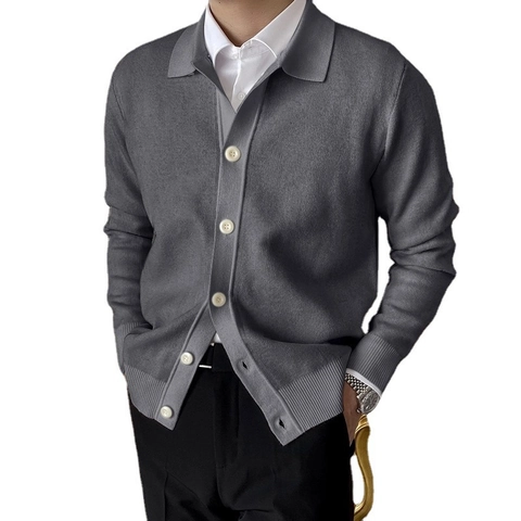 Cardigan in Maglia Business Casual da Uomo Manica Lunga Colletto Polo Pullover Abbottonato Bordi a Costine Tinta Unita