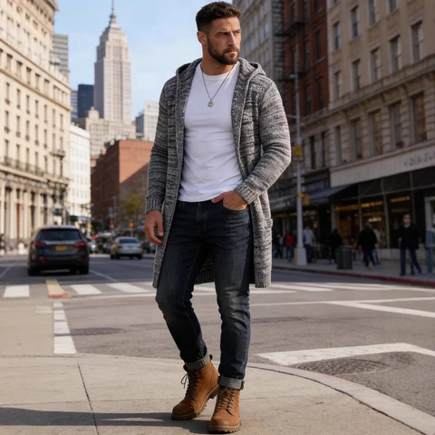 Men's Hooded Knitted Cardigan Jacket Marl Cotton Blend Mid-Length Open Front Slim Fit Winter Sweater For Men Outerwear